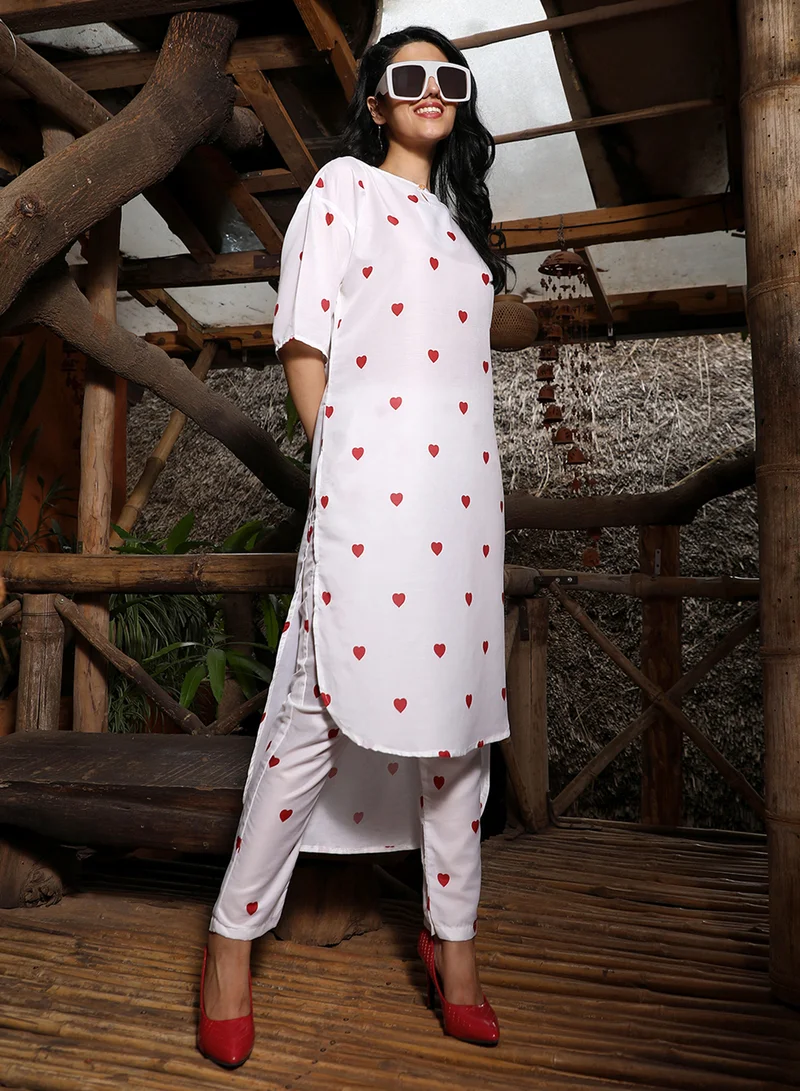 Qissa  Women's Powder White Hearts Kurta With Trousers And Dupatta For Casual Wear | Keyhole Neck | Short Sleeve | 3 Piece Kurta Set Designed With Comfort Fit For Everyday Ethnic Wear for Women | Best Price UAE